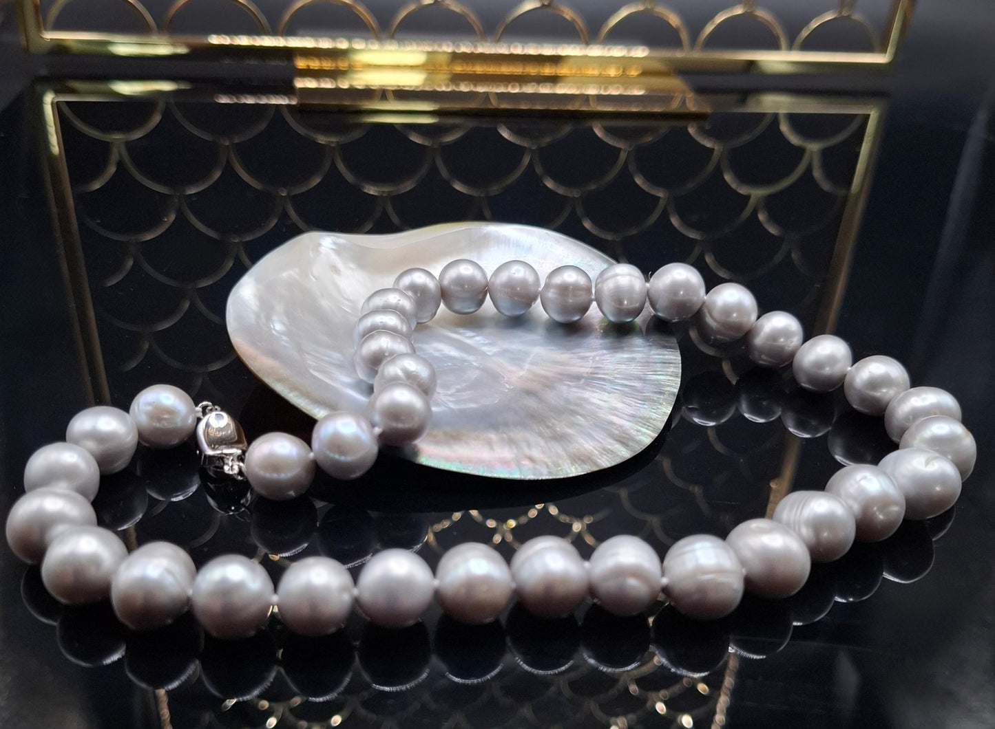 Freshwater grey big pearl necklace