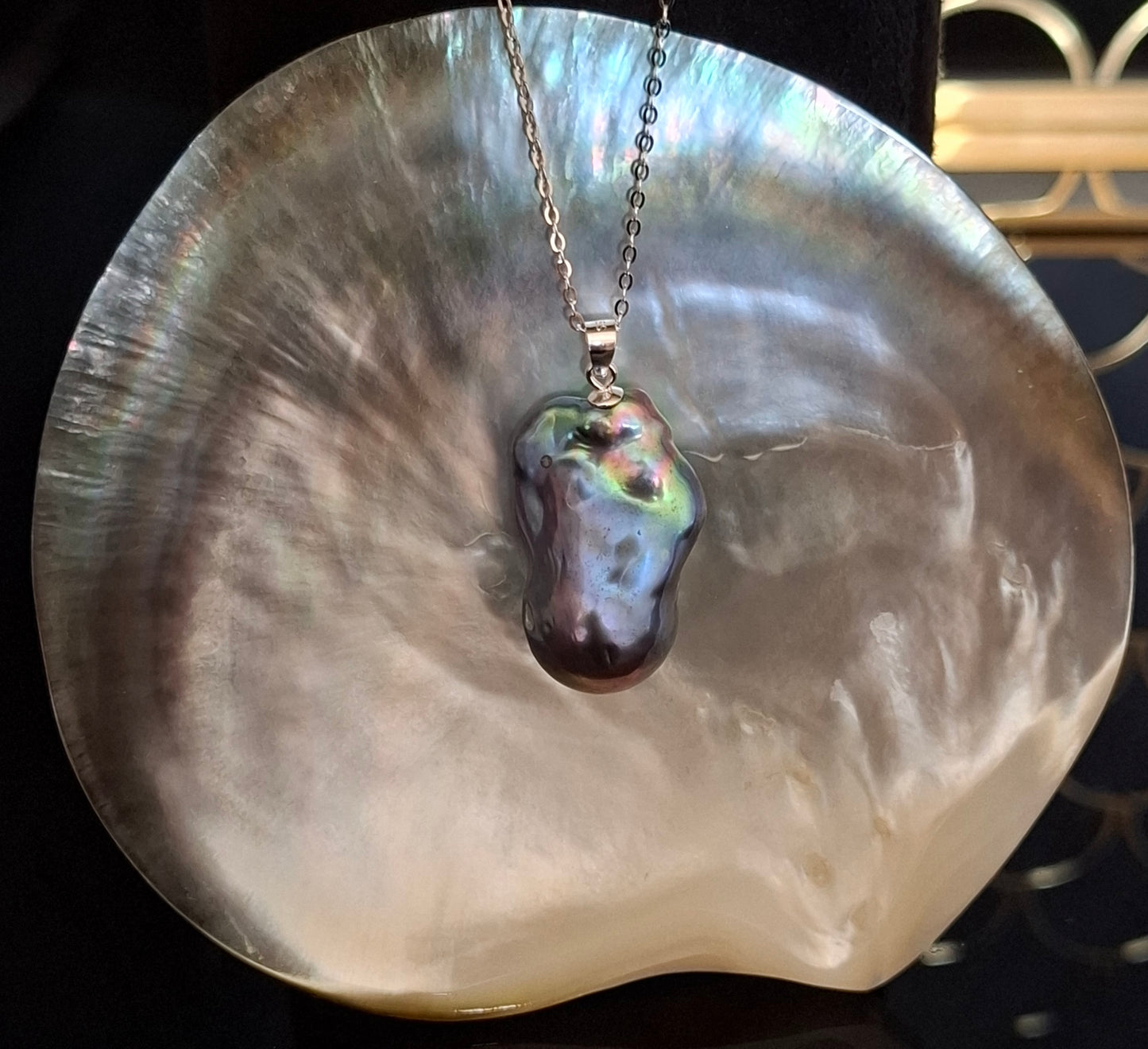 Freshwater black rainbow baroque pearl  pendant